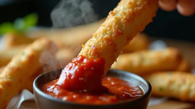 Crispy breadsticks being dipped into marinara sauce in a bowl  
