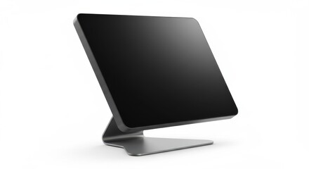 Black tablet computer with screen on a silver stand, isolated on white background