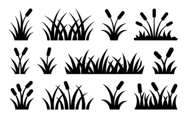 Black Silhouette Icons of Cattails and Grasses in Various Arrangements