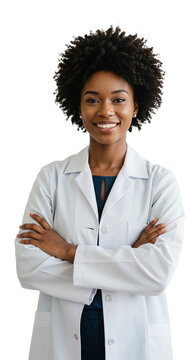 M&eacute;dica ou profissional da sa&uacute;de mulher negra confiante de jaleco branco com bra&ccedil;os cruzados e sorriso &ndash; fundo transparente