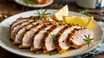 Grilled turkey breast slices beautifully arranged on white plate with golden sear marks and herb seasoning, garnished with fresh rosemary and lemon wedges on wooden table