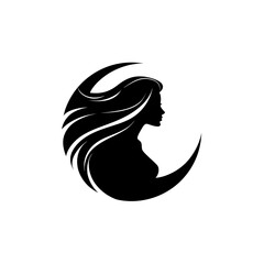 White line-art illustration on black shows woman profile within crescent moon shape. For branding, logo design, posters.