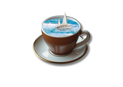 A coffee cup filled with the ocean. The surface of the coffee is replaced by ocean waves, and a small boat is sailing inside the cup. perfect for advertising, editorial, fantasy artwork, and project