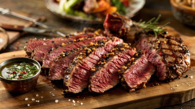 California tri tip steak sliced and seasoned with peppercorns on wooden cutting board with herb chimichurri sauce in rustic kitchen setting