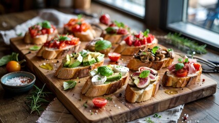 Bruschetta tray with gourmet appetizers on rustic wooden board featuring tomato basil, avocado mozzarella, mushroom and prosciutto fig varieties in natural kitchen lighting