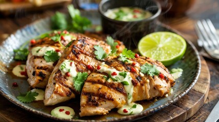 Grilled chipotle lime chicken breast with creamy sauce and fresh cilantro garnish on rustic ceramic plate