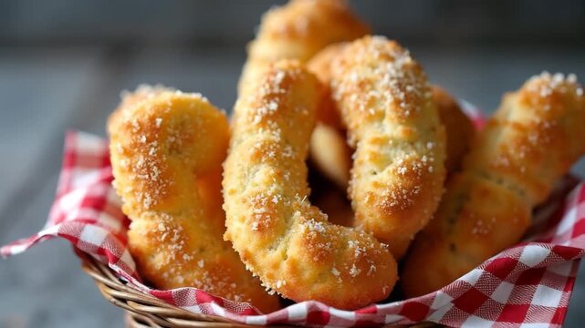 Freshly baked cheese breadsticks in a basket with red checkered cloth  