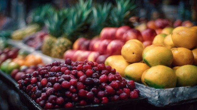 Vibrant display of fresh fruits at an urban market stall