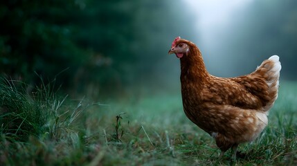 Naklejka premium A chicken standing in a lush green countryside field during the morning