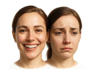 Two faces showing happy and sad emotions, representing bipolar disorder.