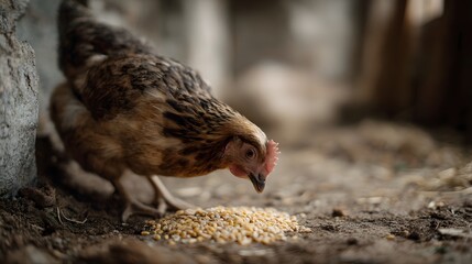 Chicken pecking grains on a dirt floor in a village farm setting
