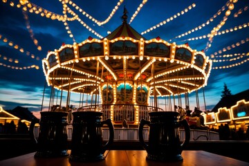 Fototapeta premium Oktoberfest Carousel Silhouette at Twilight with Long Exposure Lights