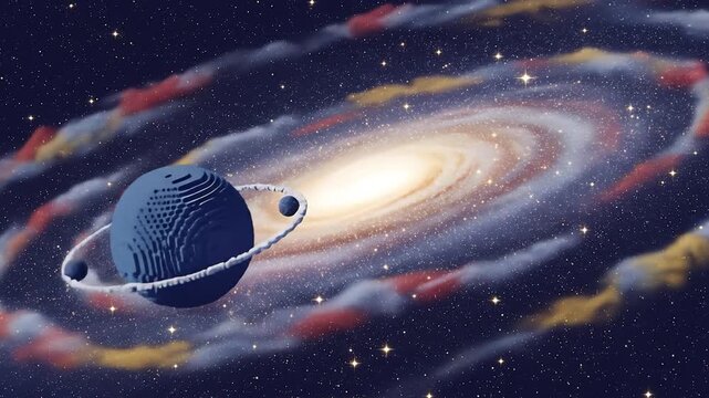 Animated cosmic spiral galaxy with rotating colorful planets and celestial rings in space universe.