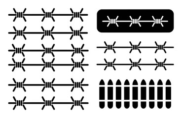 Collection of Barbed Wire and Fence Icons on White Background