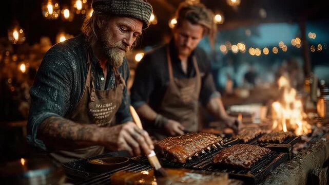 Two Chefs Grilling Ribs at Night Warm Lighting, Rustic Setting