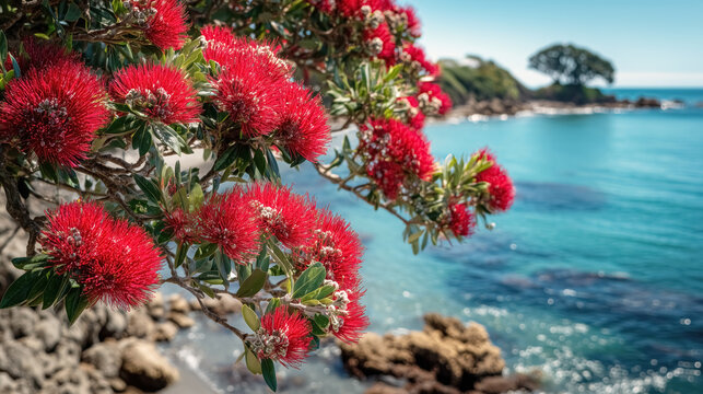 Blooming pohutukawa tree on seacoast against blue sky on a sunny day. Beach and the ocean on background. Iconic New Zealand's native Christmas tree.