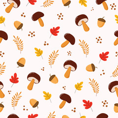 Seamless autumn pattern with mushrooms, acorns, colorful fall leaves, and branches on a white background. design for textile, packaging, wallpapers, greeting cards, and digital projects. 
