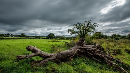 Rural landscape with fallen tree