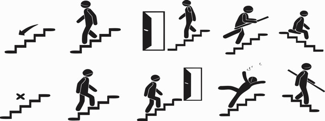Bundle icon indoor safety stairs sign, arrow direction up and down, use handrail, injury hazard building label  
