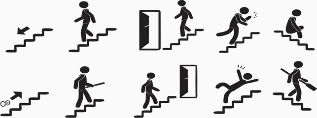Bundle icon indoor safety stairs sign, arrow direction up and down, use handrail, injury hazard building label  
