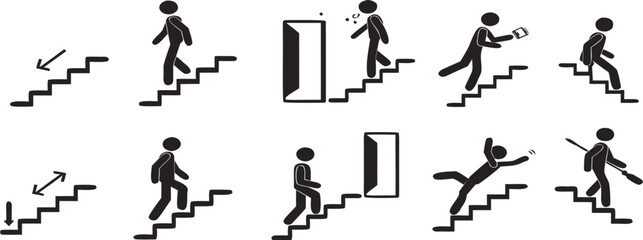 Bundle icon indoor safety stairs sign, arrow direction up and down, use handrail, injury hazard building label  
