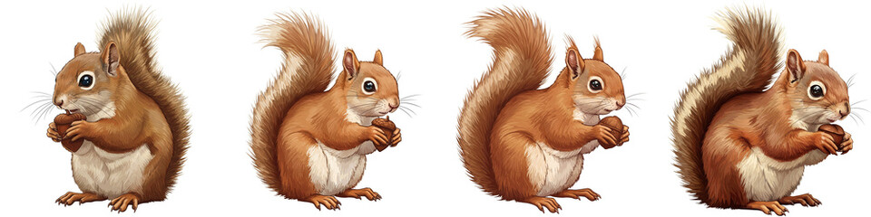 Set of animated squirrels in various poses with bushy tails  