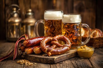 Bavarian sausages with pretzels, sweet mustard and beer on a rustic wooden table. MZ 