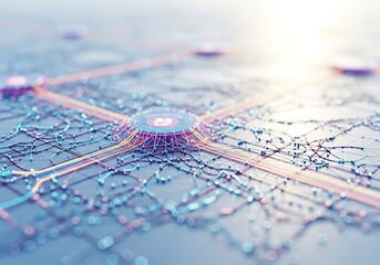 Dynamic abstract illustration of a central network hub with radiating connections, symbolizing data flow, 5G technology, AI, and global digital communication.