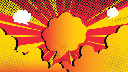 Colorful pop art comic style background with speech bubble clouds, halftone dots and retro rays, perfect for posters, covers, banners and creative designs