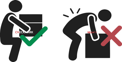 Bundle set of pictogram right and wrong way to lift heavy box, for backpain safety sign 
