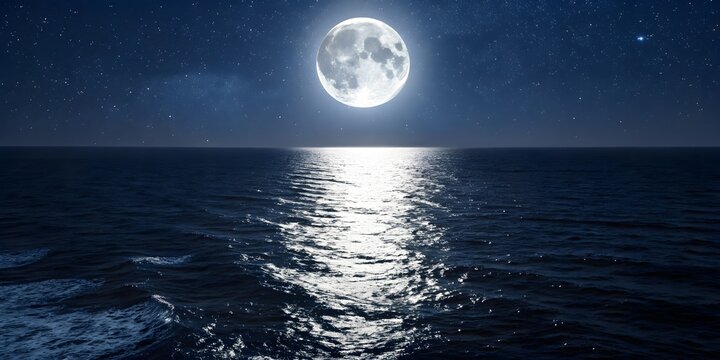 Full moon over a tranquil dark sea with bright moonlight reflecting in the night sky