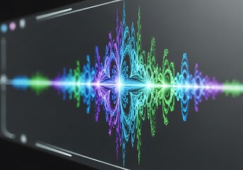 A vibrant and abstract digital audio waveform visualization with intricate patterns in glowing blue, purple, and green on a dark background, representing sound or data.