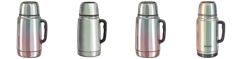 Set of isolated thermoses in various colors and designs  