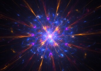 Naklejka premium Dazzling abstract image of a central light burst radiating vibrant, colorful energy rays against a dark, cosmic background. Ideal for futuristic and digital art themes.