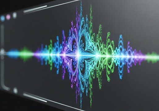 A vibrant and abstract digital audio waveform visualization with intricate patterns in glowing blue, purple, and green on a dark background, representing sound or data.