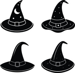 Set of Classic Witch Hat Silhouettes for Halloween Theme Vector Illustration and Decoration