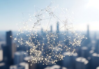 Abstract digital network connecting glowing points over a blurred cityscape, symbolizing global communication, data flow, technology, and AI innovation.