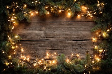 Christmas background with fir branches, decorations and string lights in the frame and an empty space for content on rustic wooden table. Top view. MZ 
