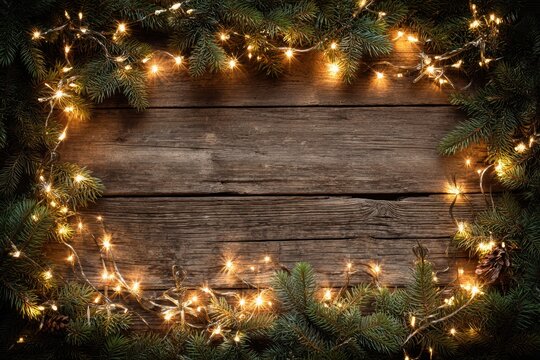 Christmas background with fir branches, decorations and string lights in the frame and an empty space for content on rustic wooden table. Top view. MZ 
