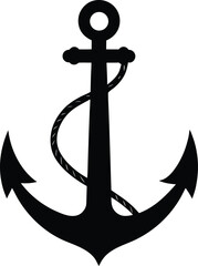 Classic nautical anchor silhouette with rope detail isolated on white background