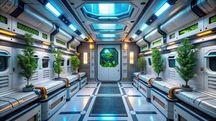 Fototapeta premium space station interior with modular living pods and LED panels.