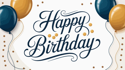  Elegant birthday card with cursive “Happy Birthday” text, blue and gold balloons, gold confetti, and clean white background design © VectorCraze