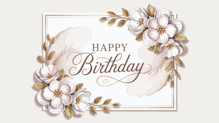  Elegant birthday card with cursive “Happy Birthday” text, white flowers, brown leaves, and soft beige watercolor background design