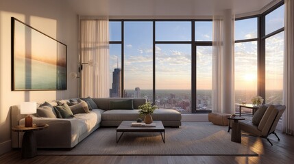 Fototapeta premium Modern living room interior with large windows showcasing sunset view over city skyline, elegant furnishings, and serene atmosphere