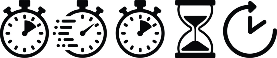 A collection of monochrome time management icons, including stopwatches, hourglass, and timer