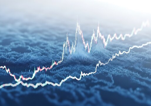Dynamic financial market chart with candlestick and line graphs over an abstract, futuristic digital blue grid, representing global investment, crypto trading, and data analysis.