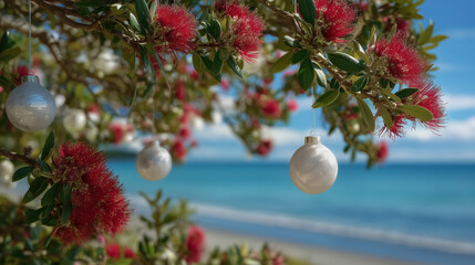 Blooming pohutukawa tree (Metrosideros excelsa) decorated with Christmas tree balls on the beach against blue sky on a sunny day. Iconic New Zealand's native tree.