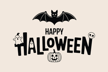 Fototapeta premium Happy Halloween typography logo with bat, ghost, and pumpkin in a modern black and white vector design for greeting cards.