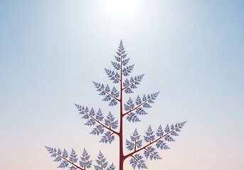 An intricate fractal tree or fern with blue leaves and a red stem against a serene sky gradient. Abstract digital art, perfect for modern design and technology themes.