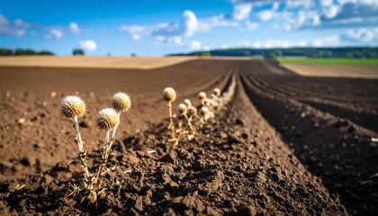 A field of plowed earth, showcasing rows and dried plants, bathed in sunlight, under a partly cloudy sky.